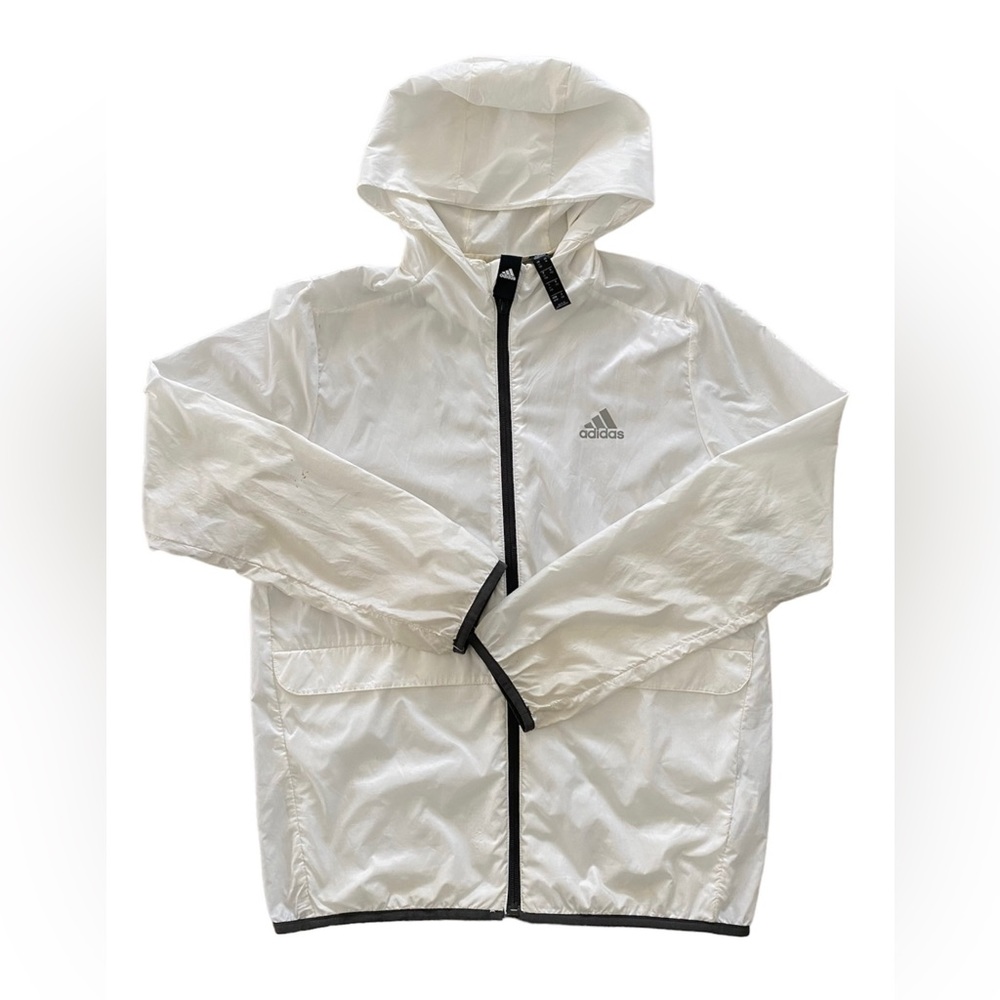 Adidas Big Kid’s White Hooded Windbreaker-Lightweight Full Zip Jacket Size M